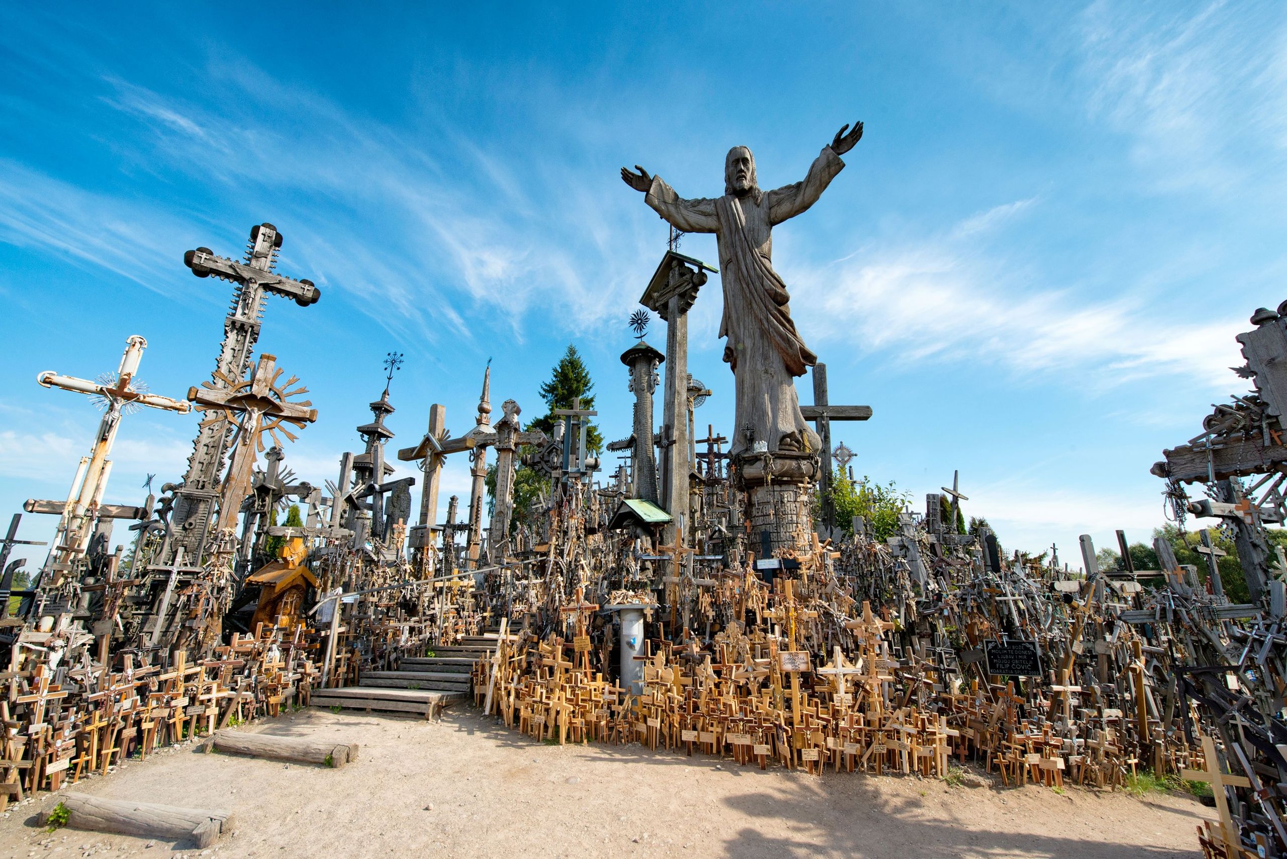 Lithuania: Hill of Crosses with thousands of crosses covering the hillside