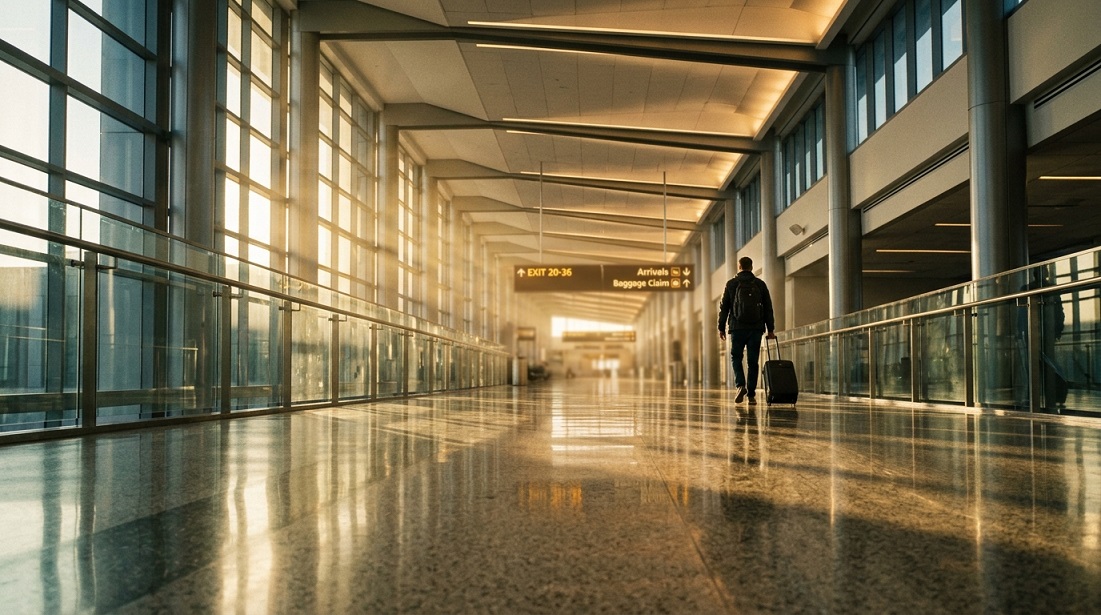 Traveller arriving in a new destination after choosing the right trip