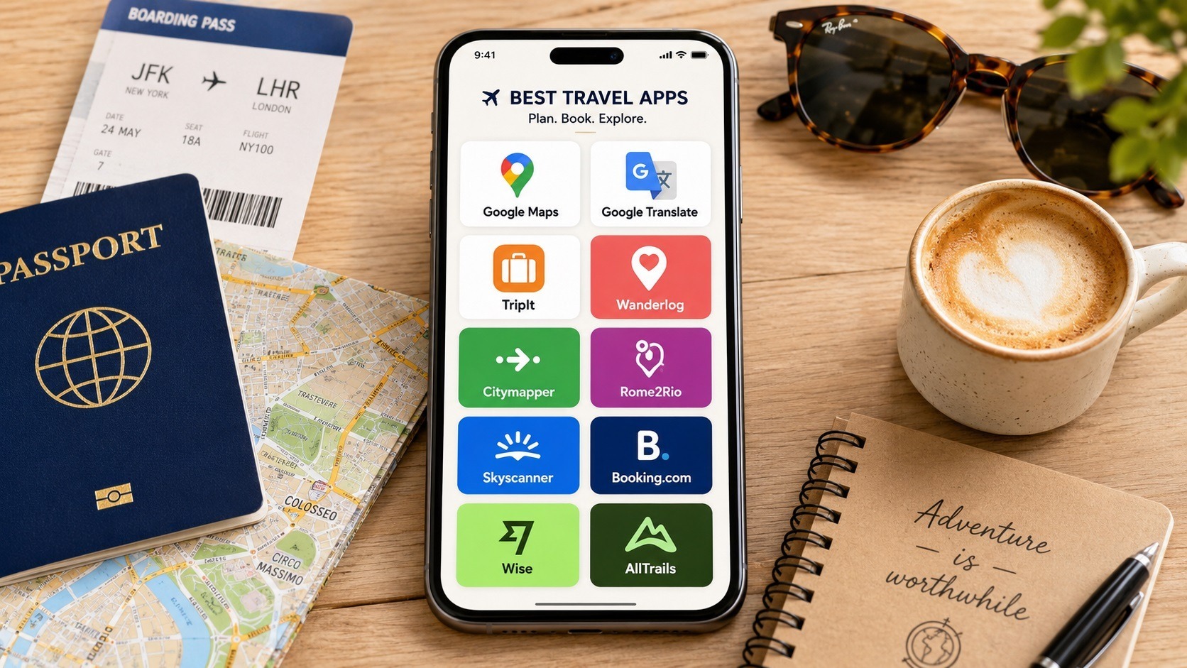 Phone showing recommended travel apps beside passport, map, boarding pass, notebook and coffee