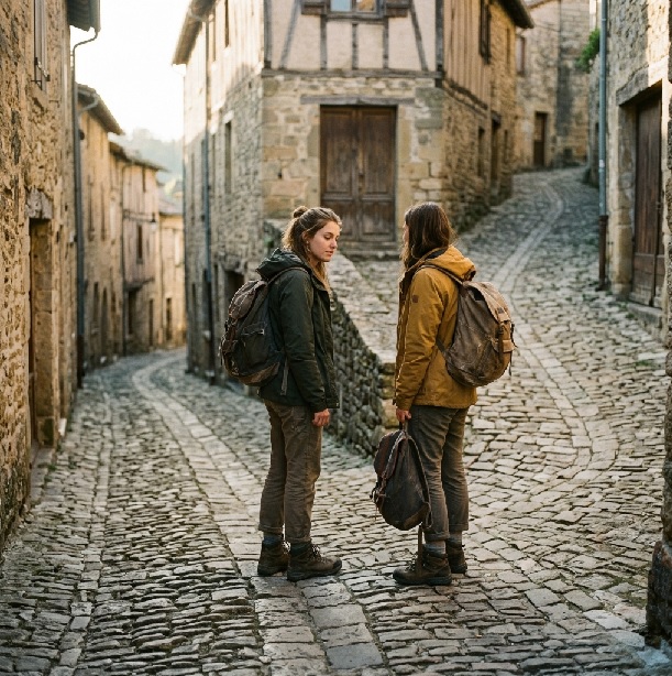 Two travellers pausing at a cobbled street junction while choosing the right travel style and destination fit