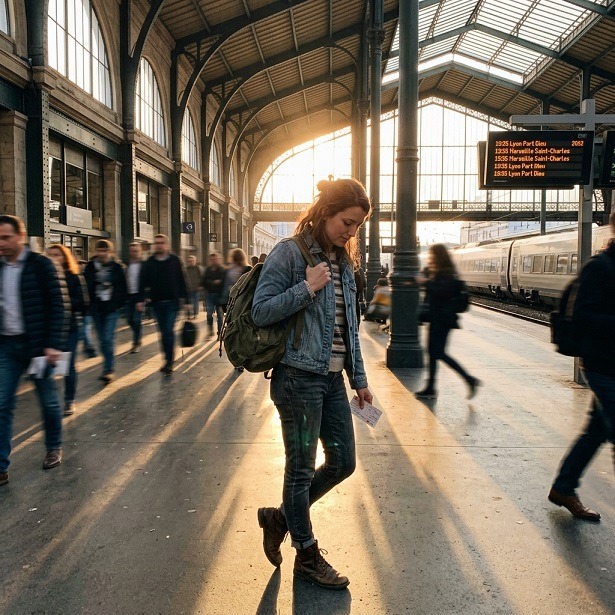 Independent traveller at a railway station considering their next journey