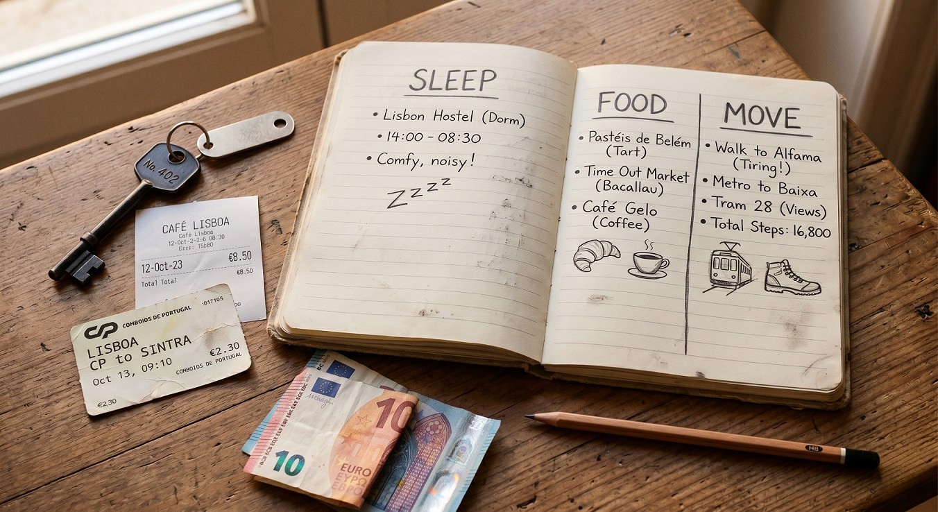 Budget spine travel planning notebook for sleep food and transport costs