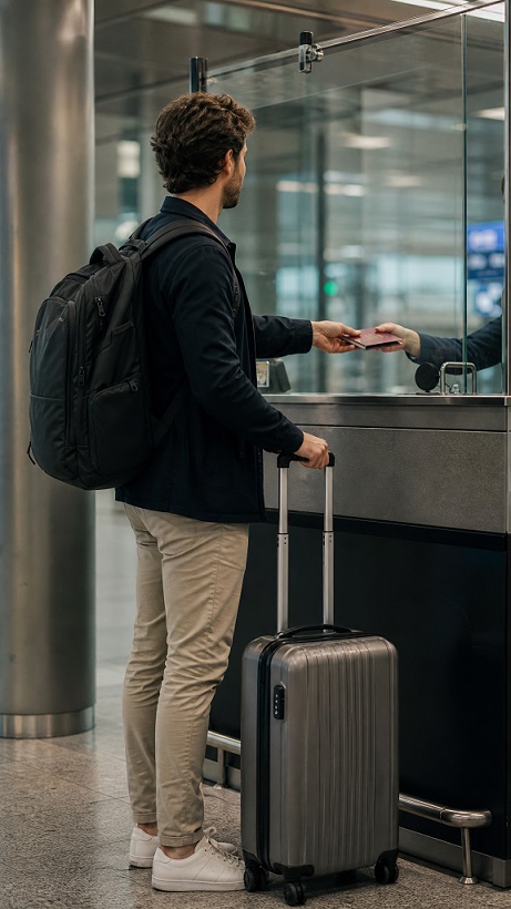 Traveller presenting a passport during a quiet immigration moment at border control