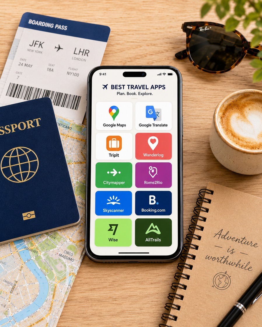 Travel app stack image showing travel technology tools for planning, booking and moving around