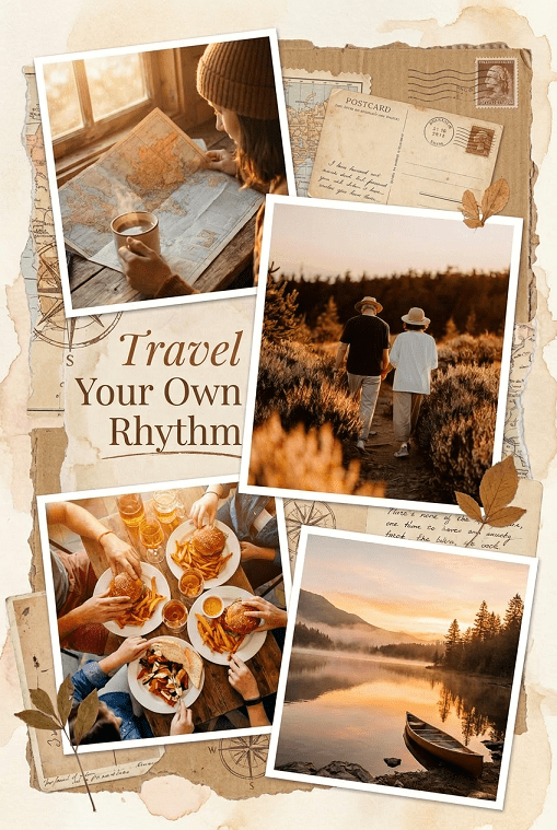Different travel styles showing maps, food, landscapes and slow travel moments