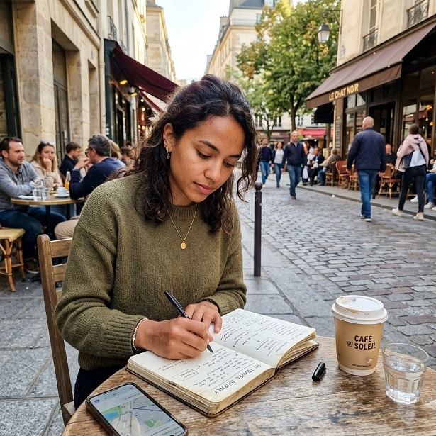 Traveller writing travel ideas in a notebook at an outdoor café