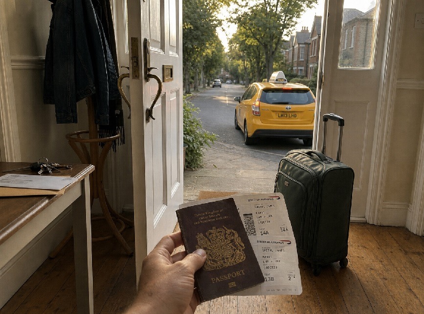 Passport, compass and travel notes symbolising the beginning of a journey