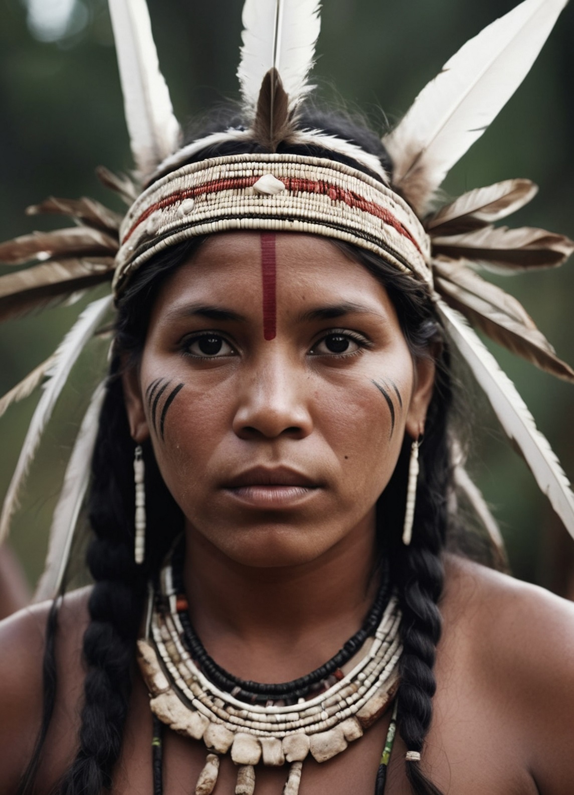 Portrait of a woman wearing a feather headdress and layered necklaces