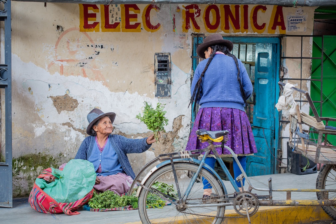Two women beside a street stall selling fresh herbs, with a cargo bicycle in the foreground