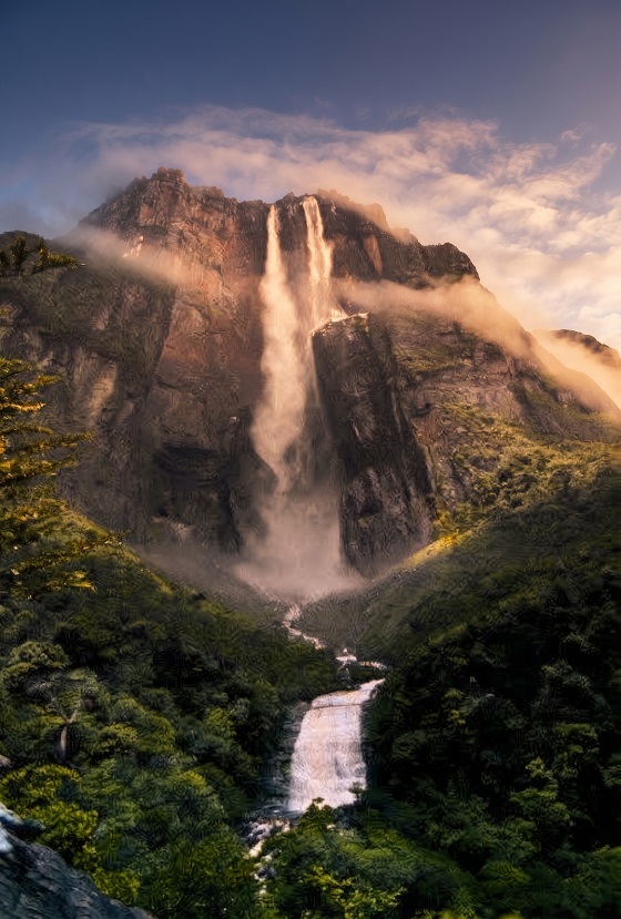 Angel Falls cascading from a tepui above the forest in Canaima National Park, Venezuela