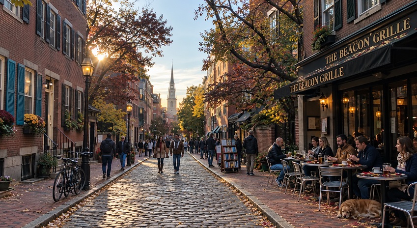 Autumn trees and outdoor dining along a cobbled street