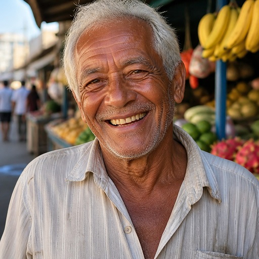 Smiling older man standing beside a produce stall