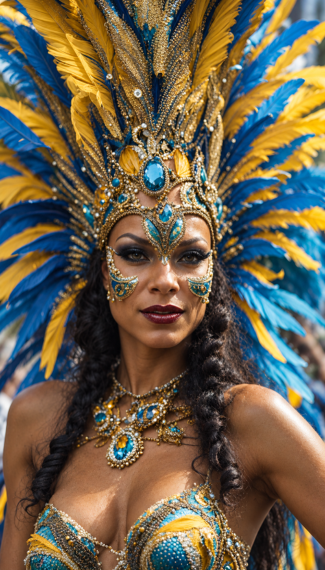 Carnival performer in a blue and gold costume with a tall feathered headdress
