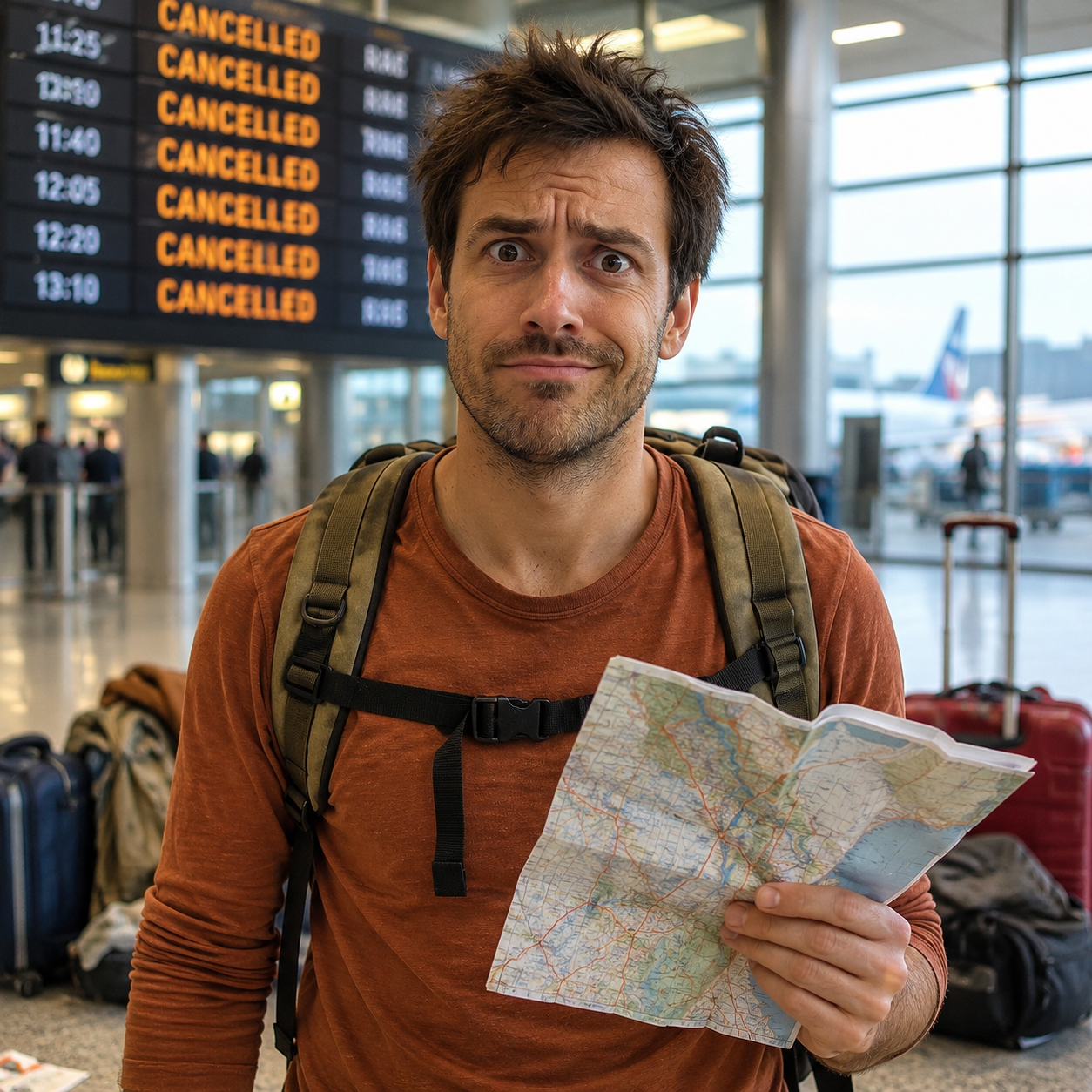 A bewildered traveller holding a map beneath an airport departures board showing cancelled flights