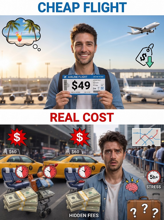 Comparison of a cheap flight fare with the real cost of travel