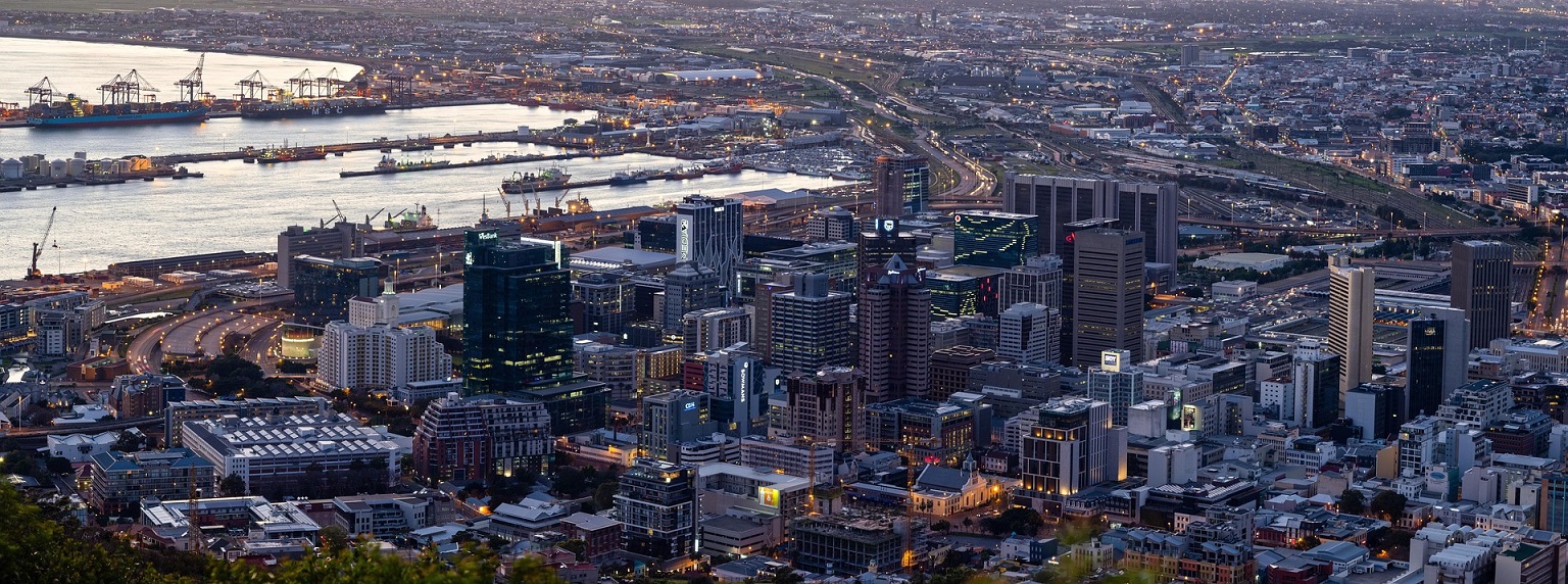 Panoramic view across Cape Town city centre and its working harbour