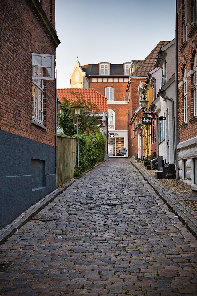 A quiet cobblestone lane lined with historic buildings in Denmark