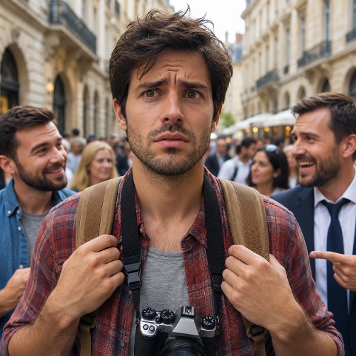 A bewildered traveler with a backpack and camera surrounded by people talking on a city street