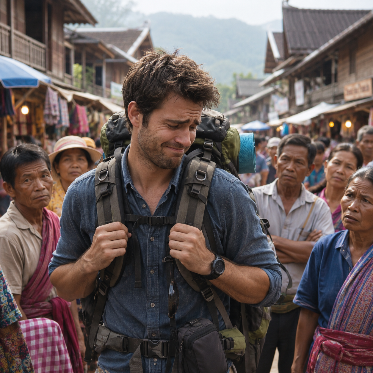 An embarrassed backpacker looking down while people watch him in a village market