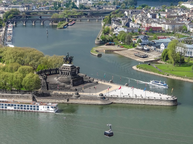 Deutsches Eck in Koblenz where the Rhine and Moselle rivers meet, with the Emperor Wilhelm I monument