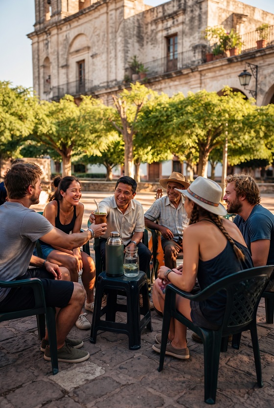 Friends sitting together outdoors and sharing tereré in a shaded plaza