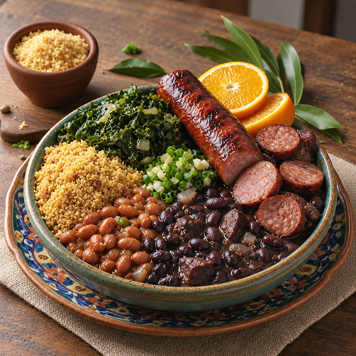 Brazilian feijoada served with beans, sausage, farofa, shredded greens and orange slices