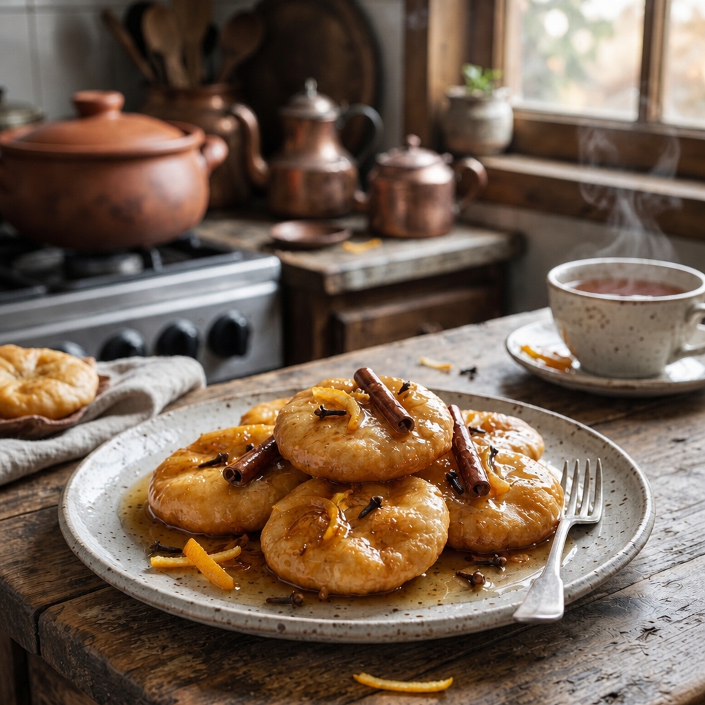 Chilean sopaipillas pasadas served in spiced chancaca syrup