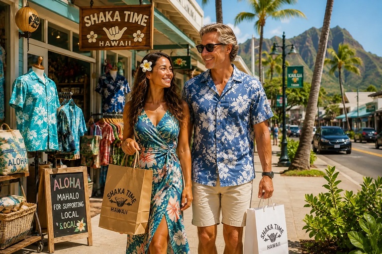 Couple walking past colourful shops and palms in Hawaii