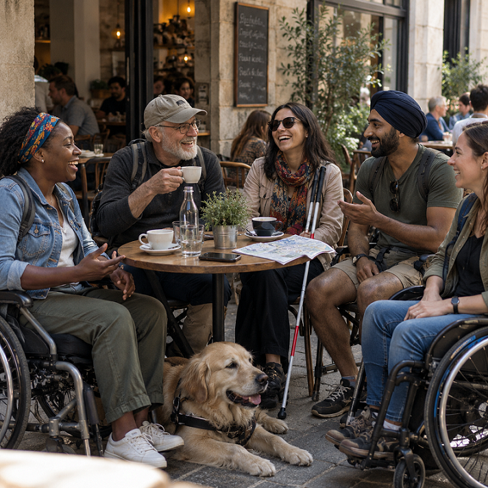 Friends, including wheelchair users, enjoying coffee together at a sidewalk café