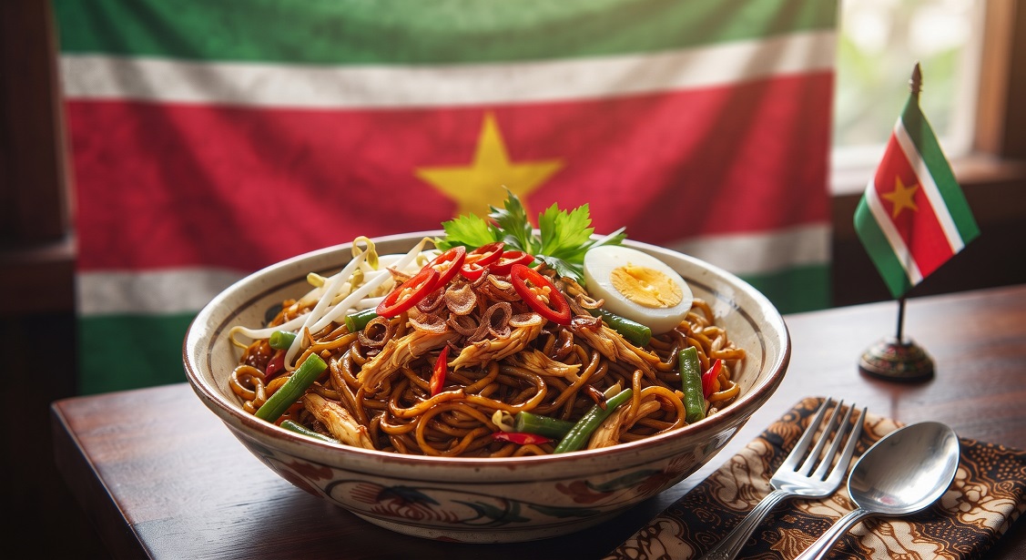 Bowl of Javanese-style noodles with vegetables, egg and chilli, with Suriname flags behind it