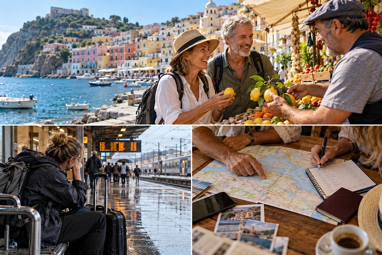 Long-term travel collage showing a couple at a coastal market, a tired traveler at a station, and hands planning a route with a map.