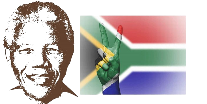 Illustrated portrait of Nelson Mandela beside a hand painted in South African flag colours.