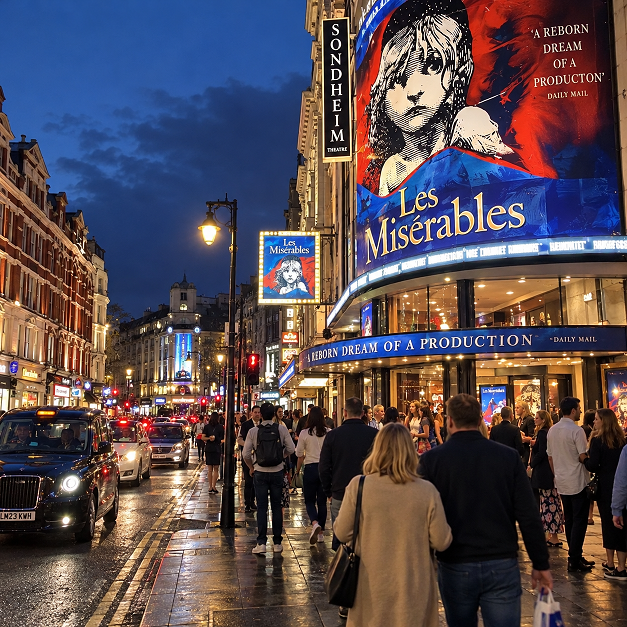London’s theatre district on a rainy night
