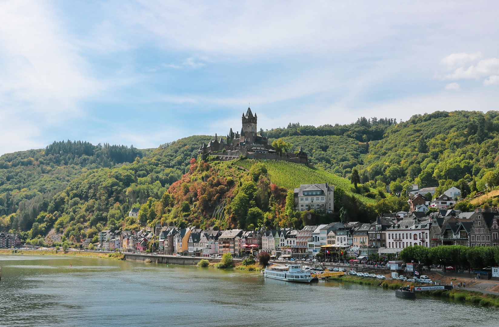 Reichsburg Castle rising above Cochem on the Moselle River in Germany