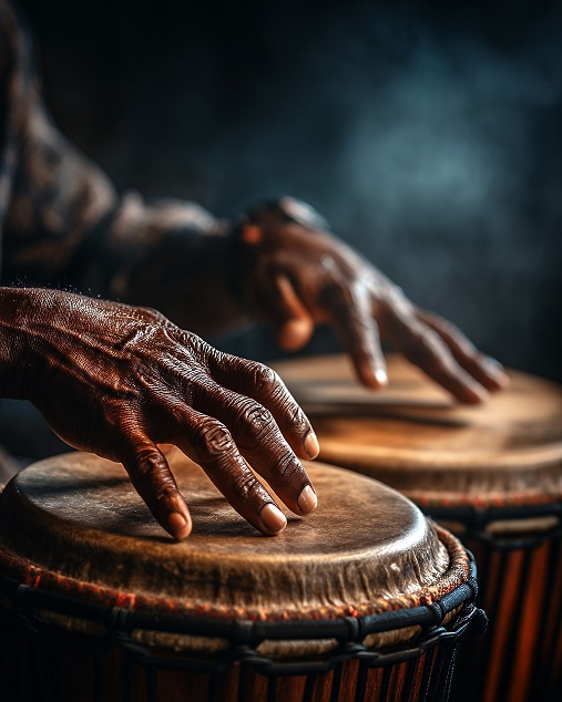 Hands playing a row of drums