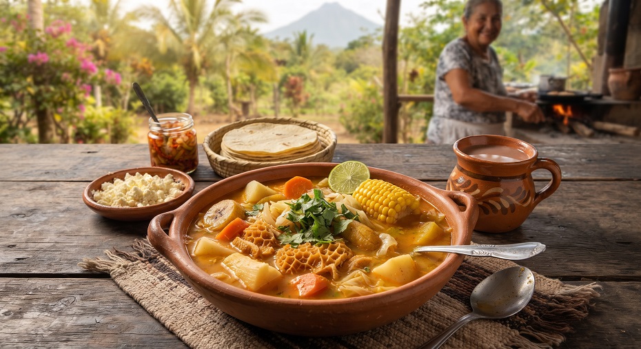 Sopa de mondongo with beef tripe, vegetables and corn in a clay bowl
