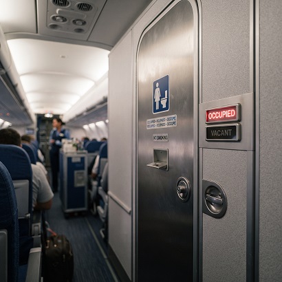 Cramped aircraft lavatory with very little room to move