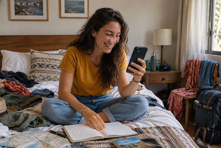 Woman smiling at her phone while sitting on a bed with a travel journal