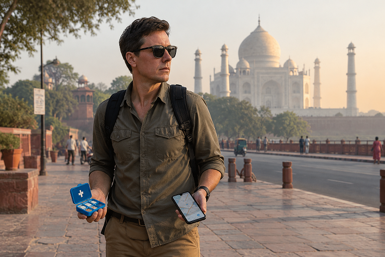Traveller holding a medicine case and smartphone near the Taj Mahal