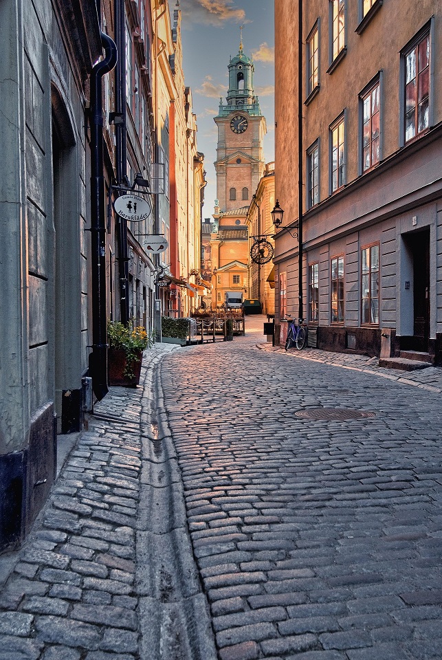 Cobblestone street and historic buildings in Stockholm
