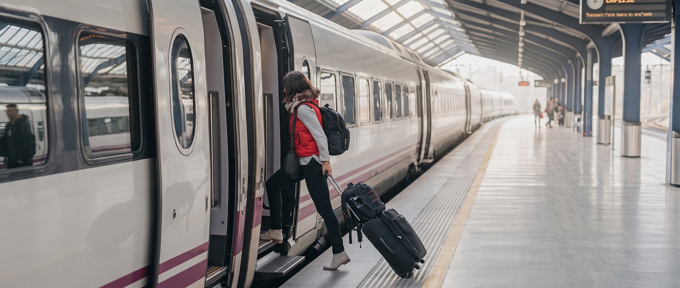 Traveller with a suitcase preparing to board a train