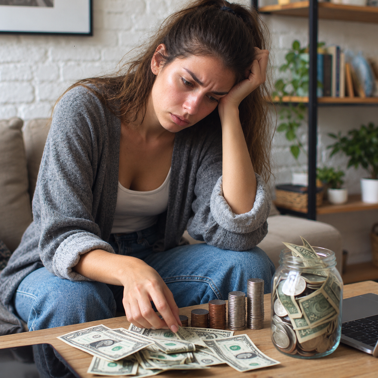 Woman reviewing her travel savings while sitting on a sofa