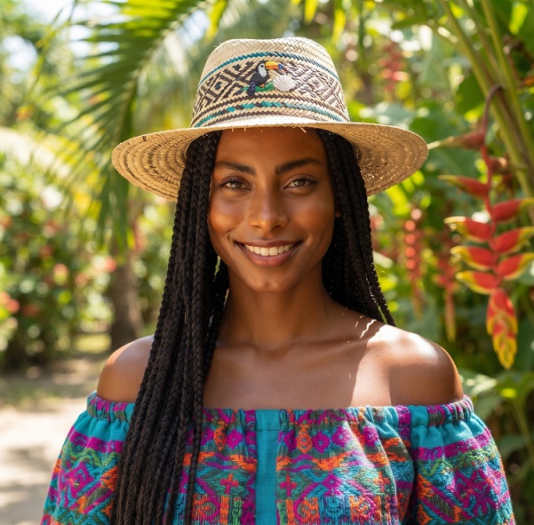 Woman wearing a woven hat and colourful blouse among tropical plants