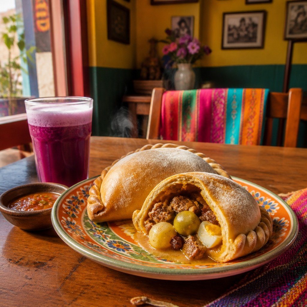 Bolivian salteñas with one pastry cut open to show its juicy meat filling, egg, potato and olive