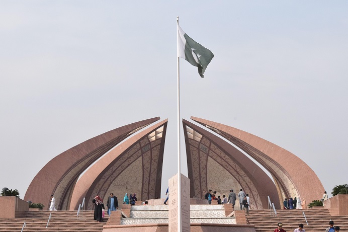 The petal-shaped Pakistan Monument in Islamabad with the national flag