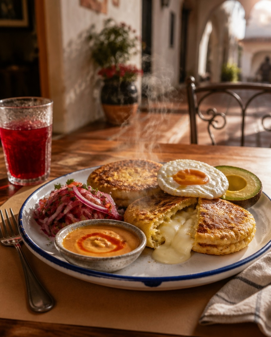 Ecuadorian llapingachos potato-and-cheese patties with fried egg, avocado and sauce in a café