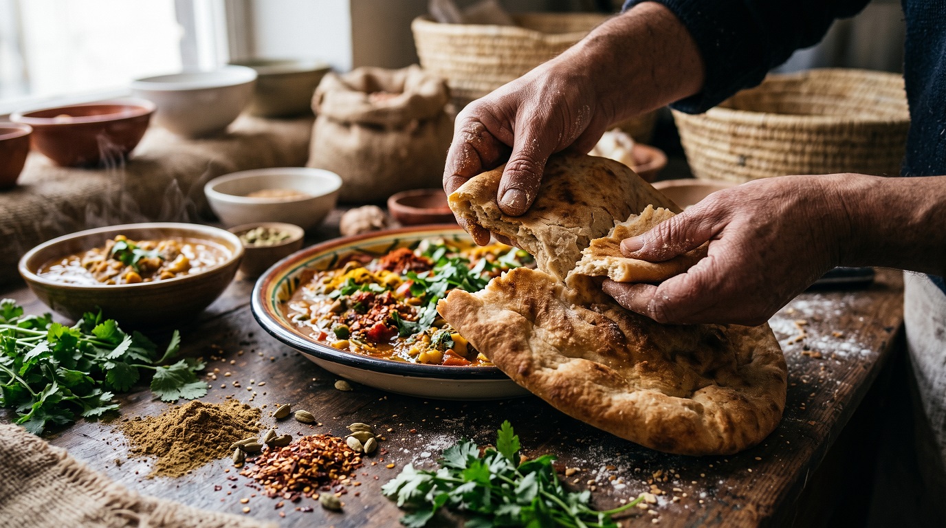Hands tearing flatbread above a meal with vegetables and spices