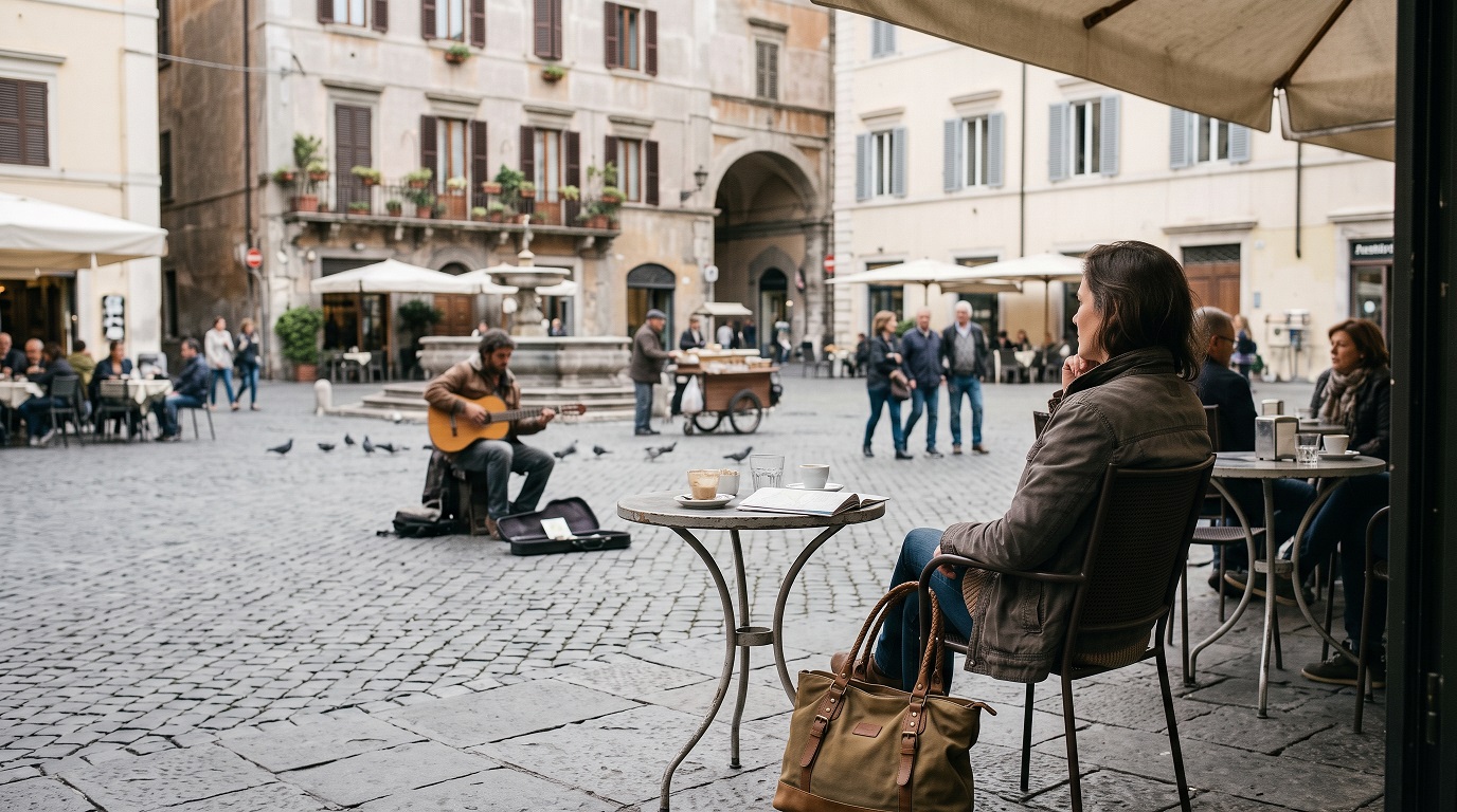 Woman seated at a café table watching a guitarist in a public square