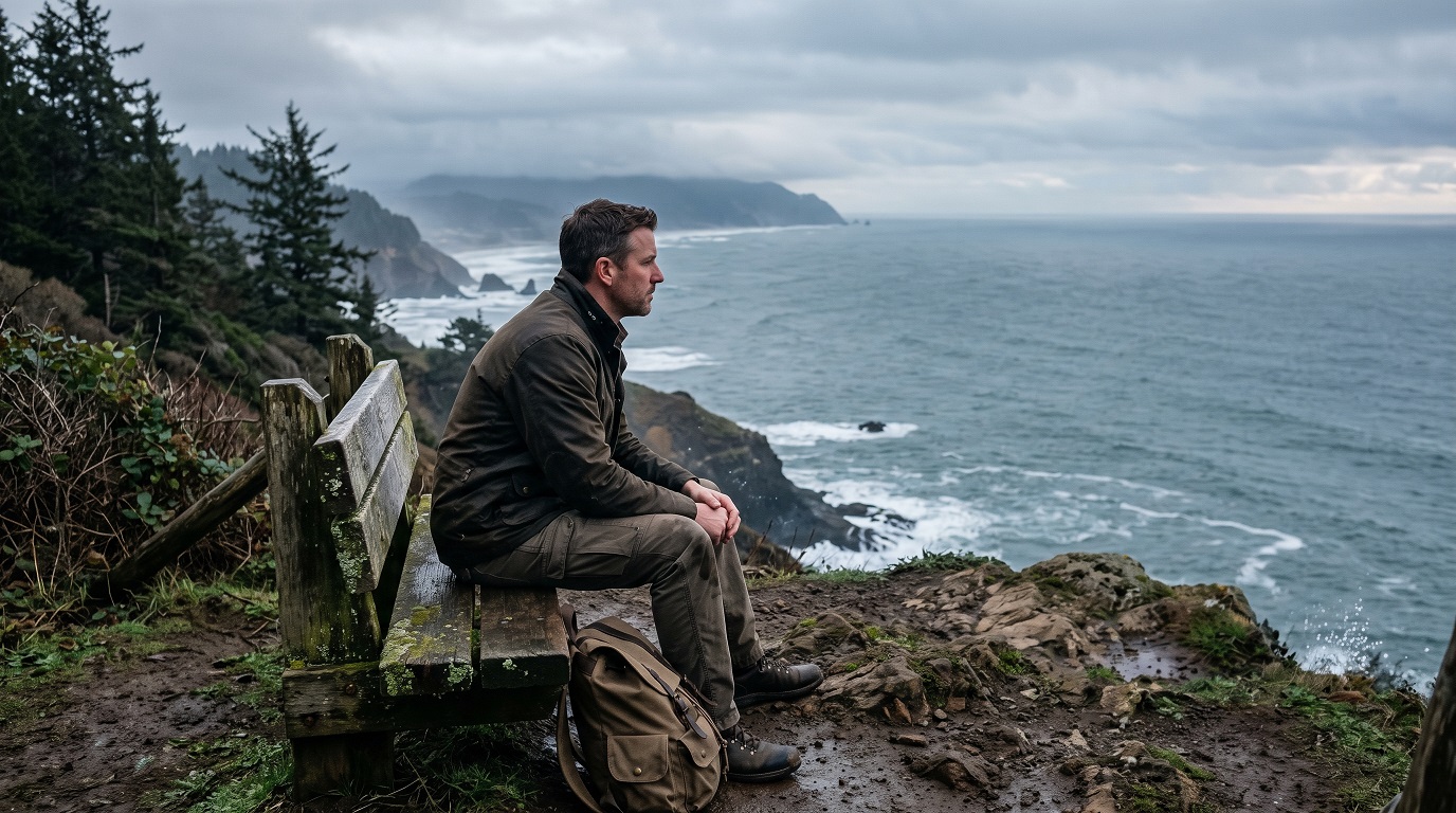 Man seated on a wooden bench overlooking a rugged coastline