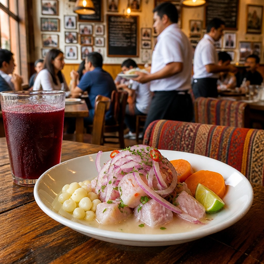 Peruvian ceviche with red onion, chilli, sweet potato and large-kernel corn in a restaurant